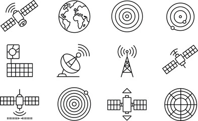 Poster - Collection of vector icons depicting communication technology satellite earth globe radar and tower
