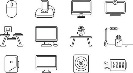 Poster - Simple line art icons of computer accessories for modern technology and design