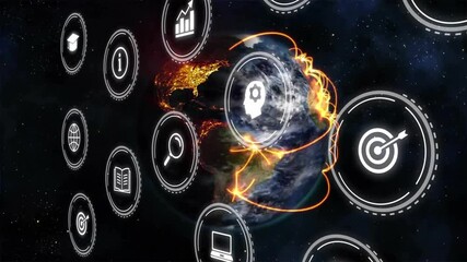 Poster - Digital icons fading on rotating 3D Earth, lines tracing icons circling globe pulsing connections