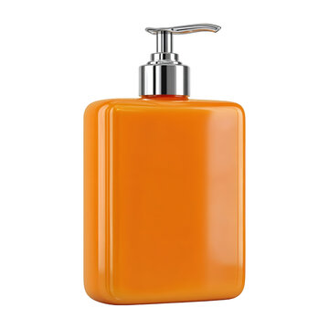 Orange liquid soap bottle dispenser pump shiny clean modern design product packaging luxury wellness care beauty 3d metal on transparent background