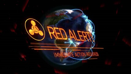 Poster - Drifting red bits sparking alert icon swooping over Earth, blue arcs spreading urgent text flashing