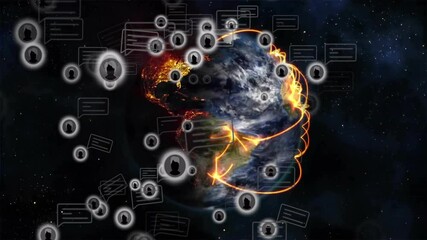 Poster - Opening Earth view starting icons floating and chat bubbles drifting as arcs forming global network