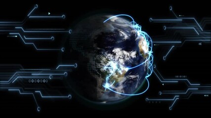 Poster - Rotating globe receiving glowing blue arcs from circuits pulsing connections showing data exchange