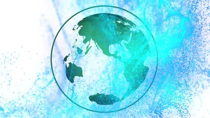Poster - Swirling cyan particles forming ring around emerging Earth rotating clockwise visualizing data flow