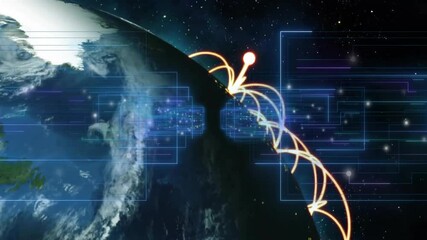 Poster - Glowing orange node activating rotating globe sending arcs visualizing world data network