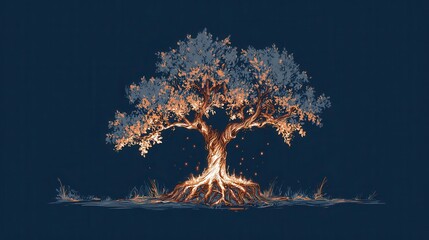 Poster - Illuminated tree with glowing roots in a dark background.
