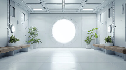 Poster - modern, minimalist interior featuring circular window, plants, and benches, creating serene