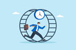 © VZ_Art - Flat illustration of overwhelmed businessman running inside hamster wheel with clock under pressure of endless work deadline