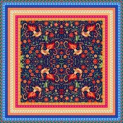 Wall Mural - a beautiful carpet with fairy-tale birds among flowers, berries and leaves on a dark blue background