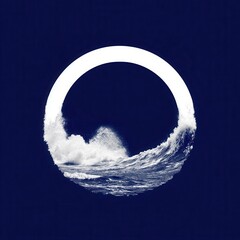 Poster - ocean wave within a white circle on a dark blue background.