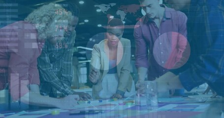 Poster - Business team starting planning by spreading charts, notes with data overlays, lead pointing layout