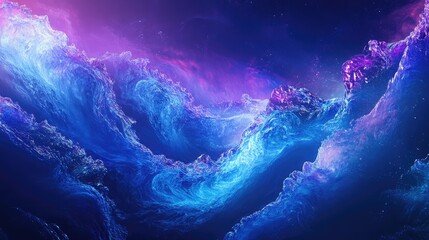 Fototapete - Abstract scene of glowing tech waves in purple and blue with bold lighting effects and deep textured background for a digital atmosphere