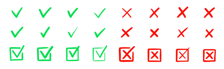 Aufkleber - Check tick mark icon set. Cross box x check mark checkbox v list vector draw hand drawn sketch doodle brush marker checklist symbol wrong right circle. Vector Illustration