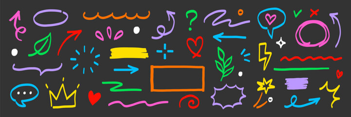 Aufkleber - Hand marker line icon color brush element set. Hand drawn colorful sketch underline, arrow, heart shape with playful style. Doodle crown, highlight, pointer and symbol for fun design. Vector