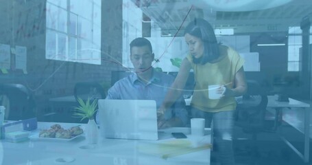 Poster - Man typing on laptop when woman holding mug leaning and pointing at screen for office collaboration