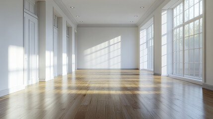 Poster - Bright and spacious interior with wooden flooring and large windows