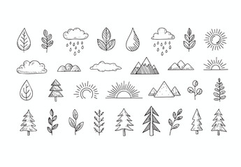 collection of nature inspired line art icons: sun, mountains, trees, leaves, and rain for design pro