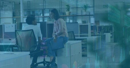 Poster - Woman ending call and pointing document as colleague showing smartphone chart in business office