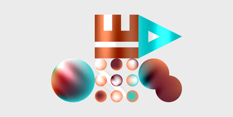 Poster - Abstract design features geometric shapes, vibrant colors, gradient spheres, plus letterforms. Modern composition evokes digital art, branding elements.