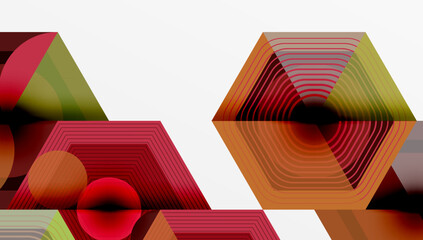 Poster - Abstract geometric composition. Overlapping shapes, lines create dynamic visual effect. Warm color palette dominates design.