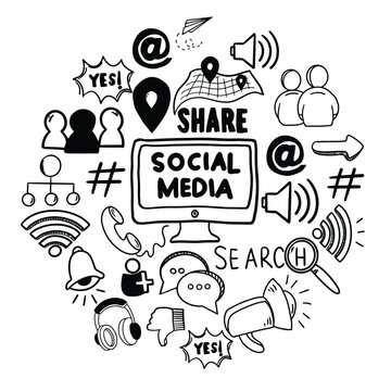 Social media doodle set. Social media hand drawn vector doodles. Hand drawn set of social media sign and symbol doodles elements. Isolated on white background