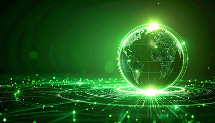 Poster - A glowing green globe surrounded by digital patterns and light effects, symbolizing technology and global connectivity