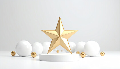 Poster - A shiny gold star stands atop a white pedestal, surrounded by glossy spheres, creating a modern and elegant decorative display