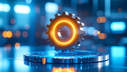 Poster - A glowing gear sits on a circular platform, surrounded by a futuristic blue environment with bokeh lights, symbolizing technology and innovation