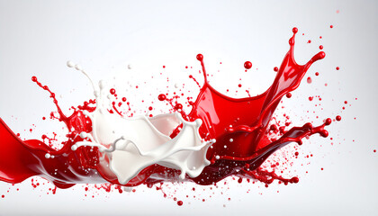 Poster - Dynamic splash of red and white liquid, showcasing movement and contrast against a light background