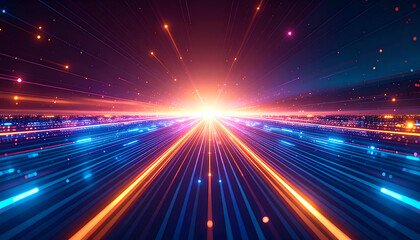 Poster - Vibrant light trails converge towards a bright center, creating a dynamic sense of speed and movement in a futuristic landscape