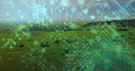 Poster - Circuit overlay drifting over farm after aerial view opening pulsing nodes shifting revealing hills