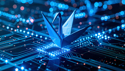 Poster - A blue origami crane sits on a glowing circuit board, symbolizing the fusion of art and technology in a digital landscape
