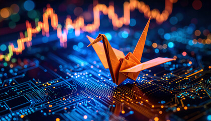 Poster - A vibrant orange origami crane rests on a circuit board, symbolizing creativity and technology amidst glowing data trends