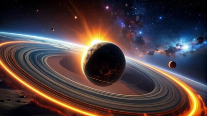 Wall Mural - Cosmic vista featuring a ringed planet illuminated by a vibrant sun against a backdrop of distant galaxies and celestial bodies.