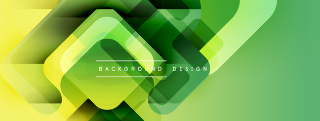 Fototapete - Abstract geometric background. Overlapping squares create vibrant green, yellow gradient. Text reads background design. Modern, dynamic composition.