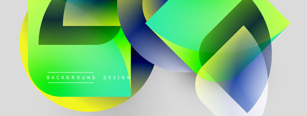 Poster - Abstract geometric shapes overlap, creating vibrant color gradients. Design features smooth transitions, modern aesthetic. Background is light gray.