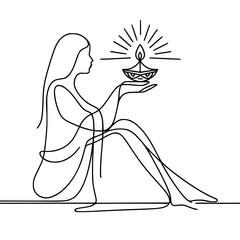 Poster - Woman holding a lamp with a flame in a minimal outline style  