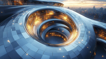 Poster - stunning abstract steel helix structure spirals gracefully in modern urban plaza at twilight