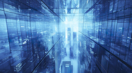 Aufkleber - Futuristic cityscape with glass structures and blue tones creating digital atmosphere