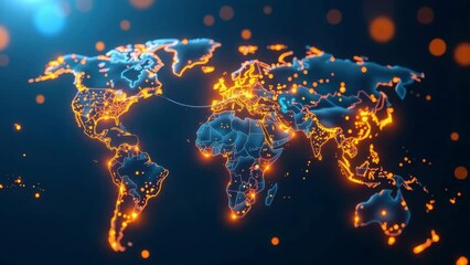 Poster - A glowing digital world map with bright orange network nodes and connections highlights global connectivity and data exchange.