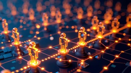 Poster - Glowing digital human figures are connected across a network grid, symbolizing communication and technology connectivity.