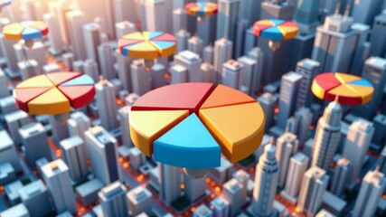 Poster - Floating colorful pie charts hover above a cityscape, representing data visualization and urban analytics.