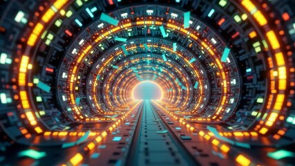 Poster - A glowing, futuristic tunnel with illuminated circuits and vibrant neon colors creates a sci-fi, high-tech atmosphere.
