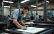 © lian - Male worker pressing ink on frame while using the printing machine in a workshop. High quality