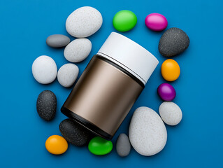 Poster - Stylish Container Surrounded by Colorful Pebbles and Stones Arranged on a Vibrant Blue Surface