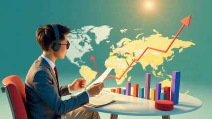 Poster - A man in a suit with headphones studies financial charts and a world map, with a red arrow illustrating global growth.