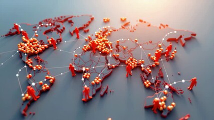 Poster - A stylized world map with icons and lines representing global connections and networked people across continents.
