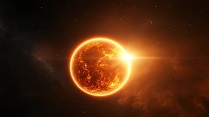 Wall Mural - Glowing fiery orange star shining brightly in space with intense bright light, surrounded by cosmic dust and celestial stars in dramatic and intense cosmic scene