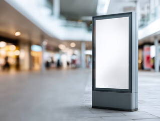 Poster - Blank advertising display indoor mall modern empty vertical illuminated mockup template blurred background