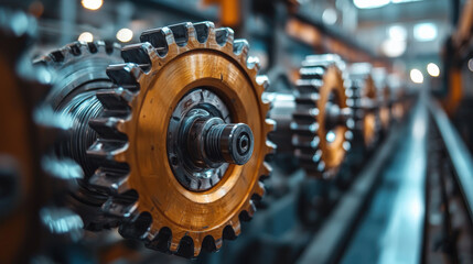 Poster - Row of large industrial gears in factory setting, showcasing precision engineering and metallic textures. focus is on intricate details of gears, highlighting their importance in machinery